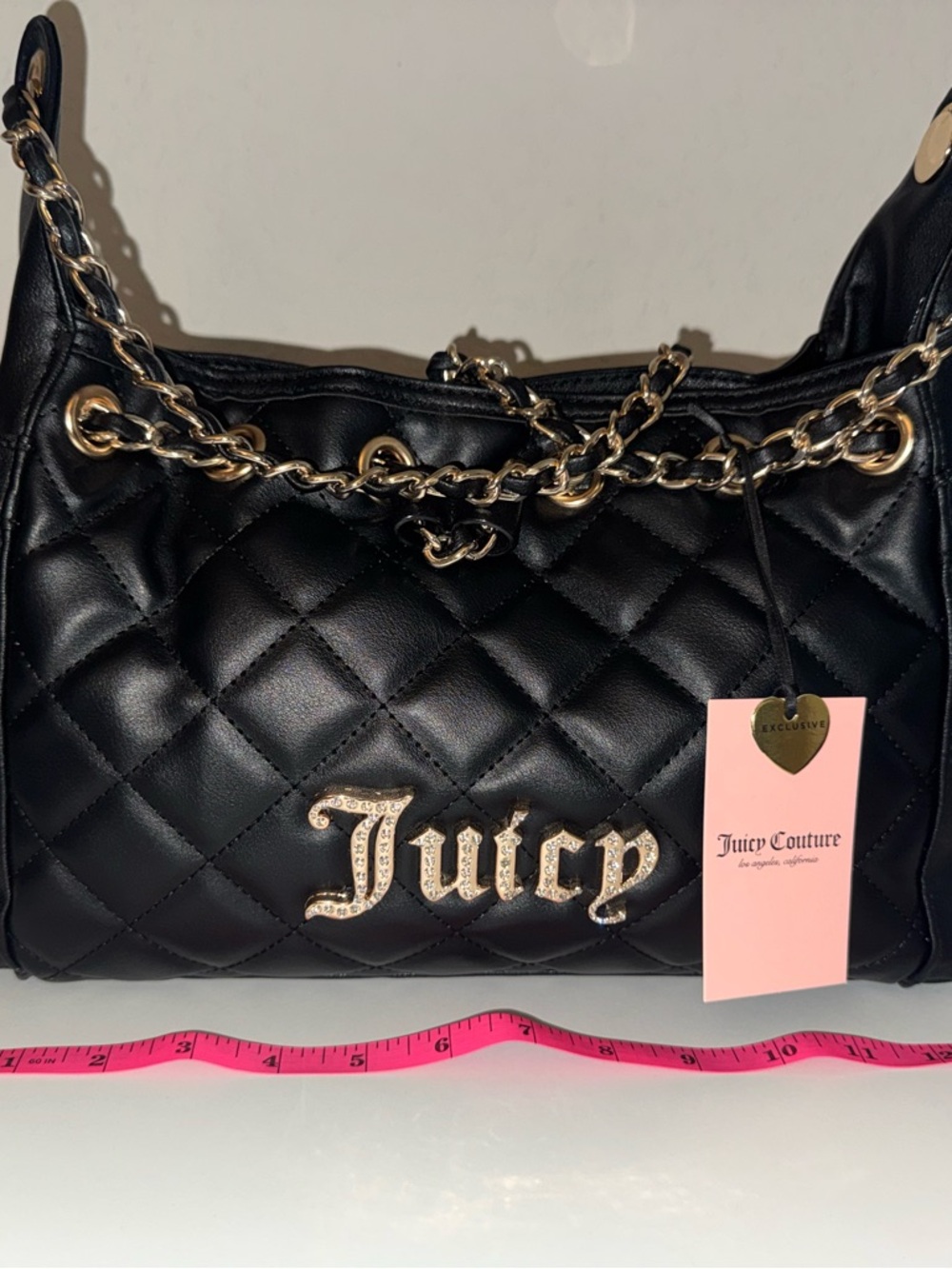 Juicy Couture Black Quilted Shoulder Bag with Gold Chain and Logo Chanel inspo